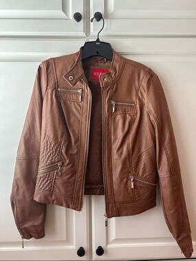 GUESS Cognac Brown Faux Soft Leather Moto Jacket with Zip Pockets size small